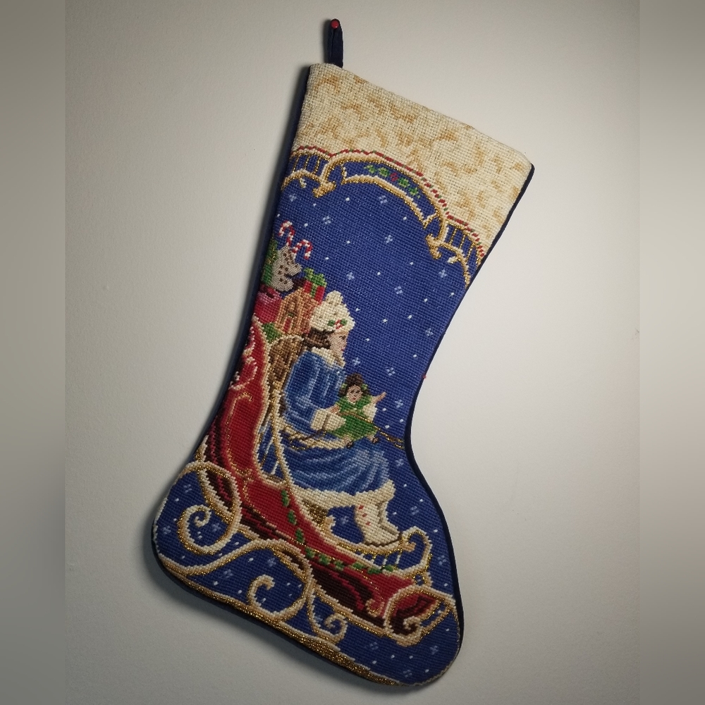 SFERRA Needlepoint Christmas Stocking Mrs Santa Claus on Sleigh Doll Gifts VTG